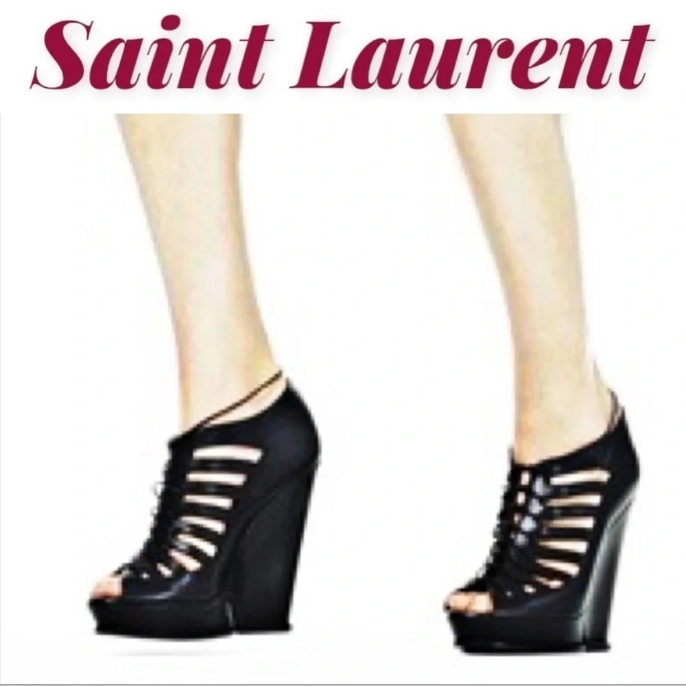 ❤️‍🔥❤️‍🔥❤️‍🔥 YSL Hortense Caged Lace Up Leather Wedge Booties, Size 6